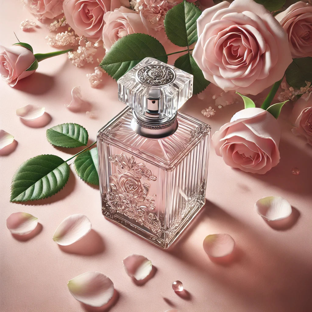 A bottle of luxury rose perfume is placed on a soft pink background, surrounded by scattered rose petals, creating a romantic and luxurious atmosphere.