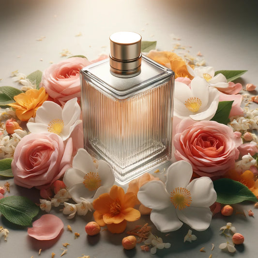 Photorealistic image of a clear glass perfume bottle elegantly placed on vibrant flower petals, surrounded by orange blossoms, roses, and jasmine, with soft, diffused lighting creating a romantic and luxurious atmosphere.