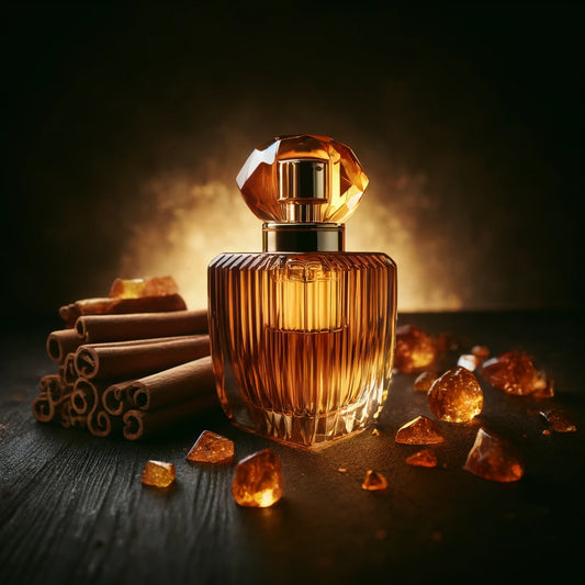The spicy amber perfume bottle is placed on a dark wooden table, surrounded by cinnamon sticks and amber shards. The background is dim and warm, emphasizing a rich and luxurious atmosphere.