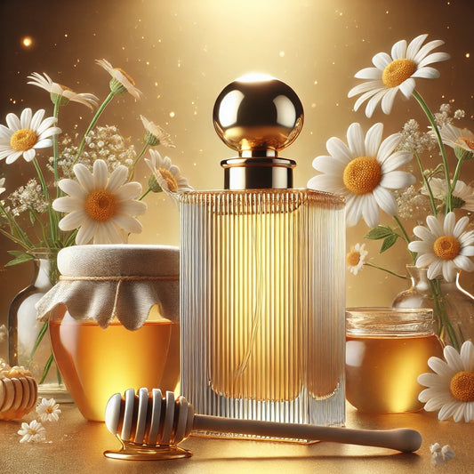 The honey perfume bottle is placed next to a honey jar and delicate daisies, with a soft golden-yellow halo in the background, highlighting a luxurious and warm aura, presenting an image of a high-end, sweet honey fragrance.