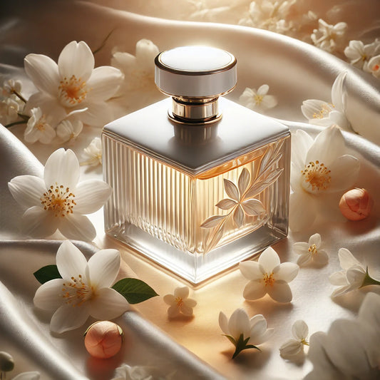 A white floral perfume bottle placed on soft white satin fabric, surrounded by orange blossom and jasmine petals. The warm-toned lighting creates a sensual and luxurious atmosphere.