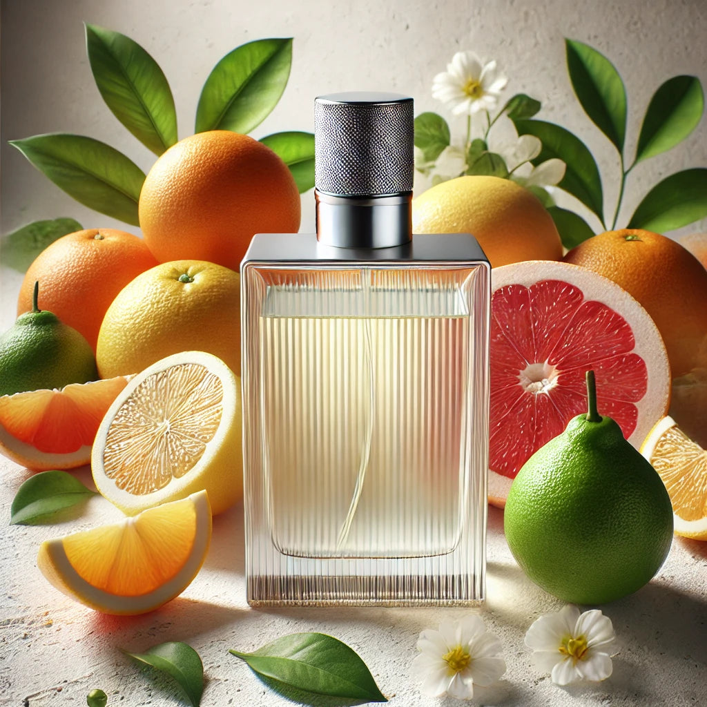 A text-free citrus fragrance bottle placed on a white textured background, surrounded by fresh oranges, lemons, grapefruits, and green leaves. The lighting is soft and bright, showcasing freshness and vitality.
