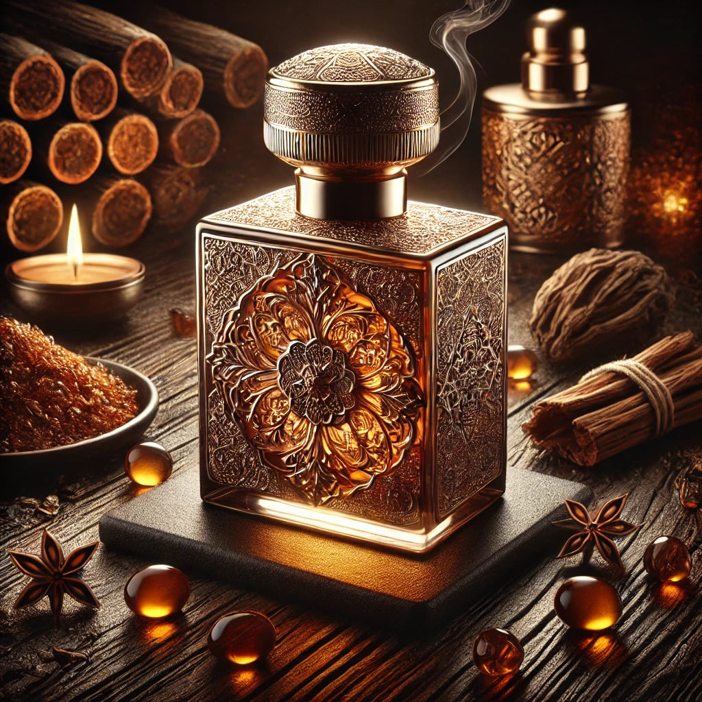 A fragrance bottle without text, placed on a dark textured background, accompanied by prominent agarwood chunks, amber fragments, and candlelight reflections, creating a rich, mysterious, and luxurious atmosphere.