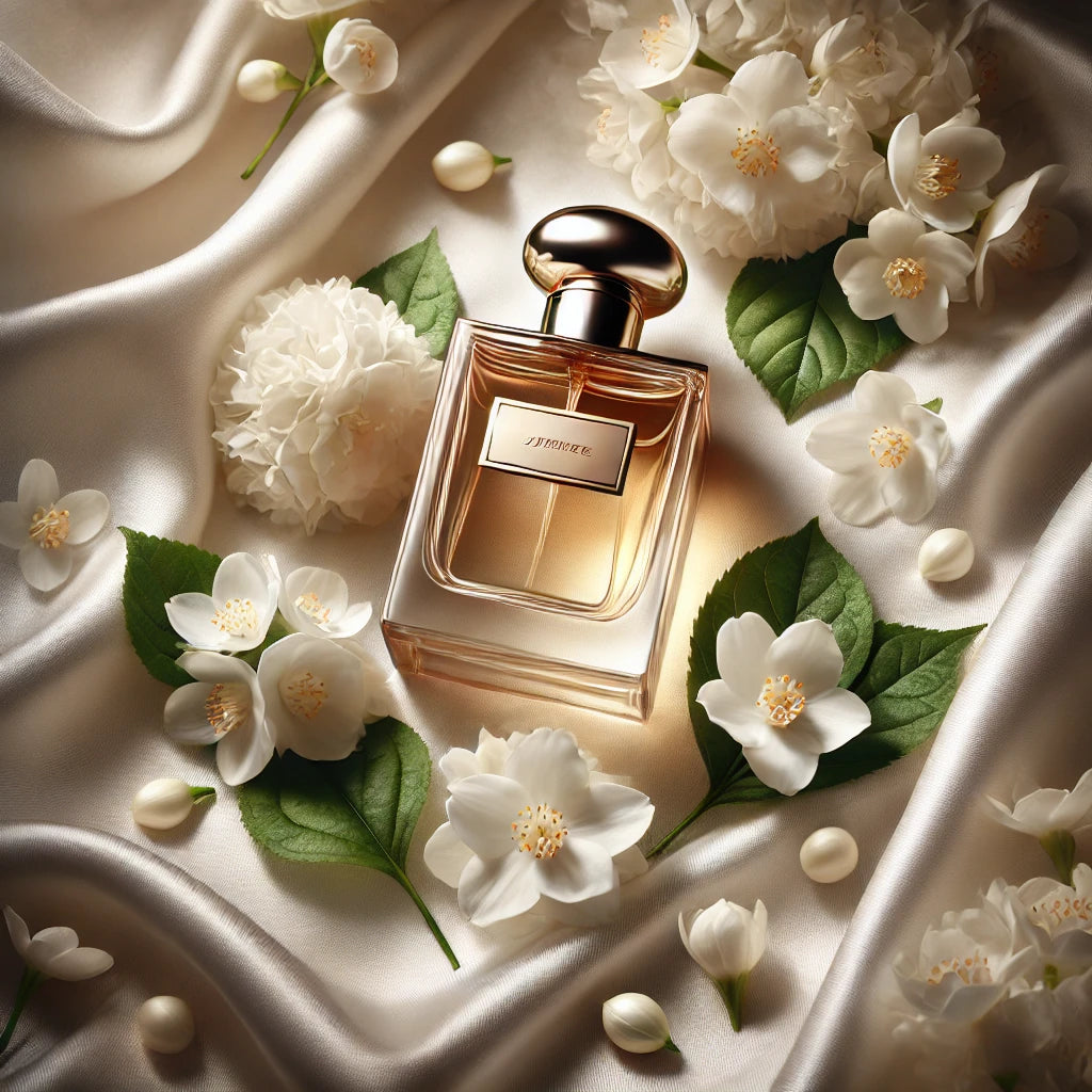 A Jasmine perfume bottle without text, placed on soft white satin fabric, surrounded by lush jasmine flowers and petals. The warm light creates a pure, elegant, and luxurious atmosphere.