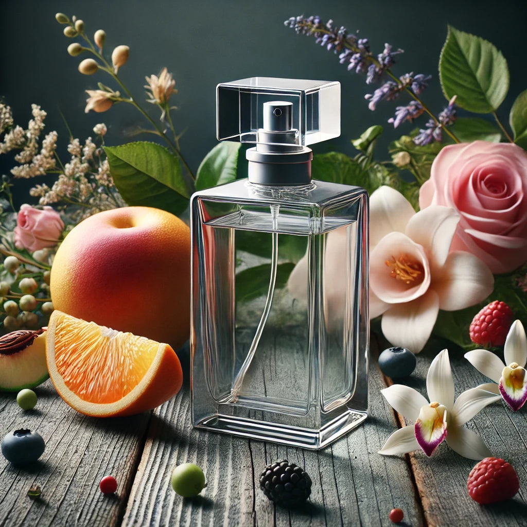 Transparent glass perfume bottle placed on a rustic wooden tabletop, with fresh orange slices, berries, peaches, roses, lilies, and jasmine flowers more prominently featured. Soft lighting creates a natural sense of depth.