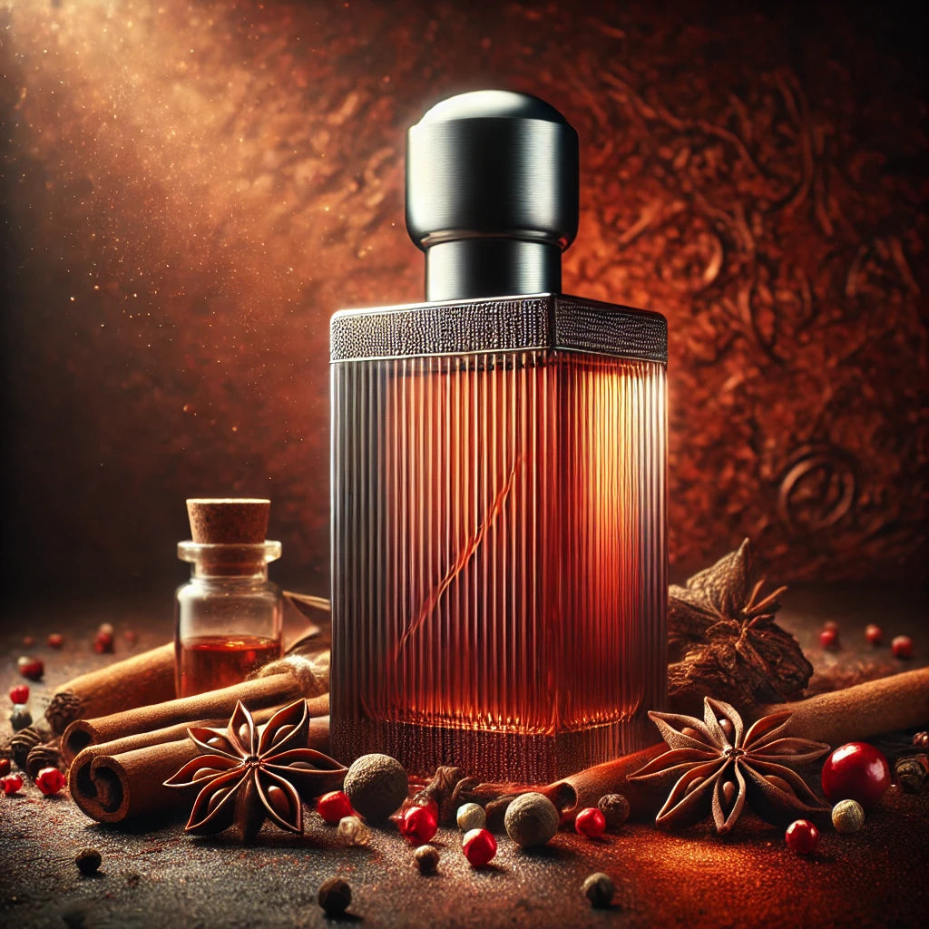 A label-free spicy fragrance bottle placed on a dark background, accompanied by peppercorns, cinnamon sticks, and star anise. Warm lighting highlights the rich and luxurious high-end texture.