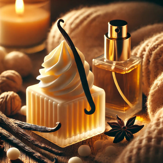 A warm and inviting scene showcasing vanilla beans and soft golden light, evoking comfort, sweetness, and indulgence