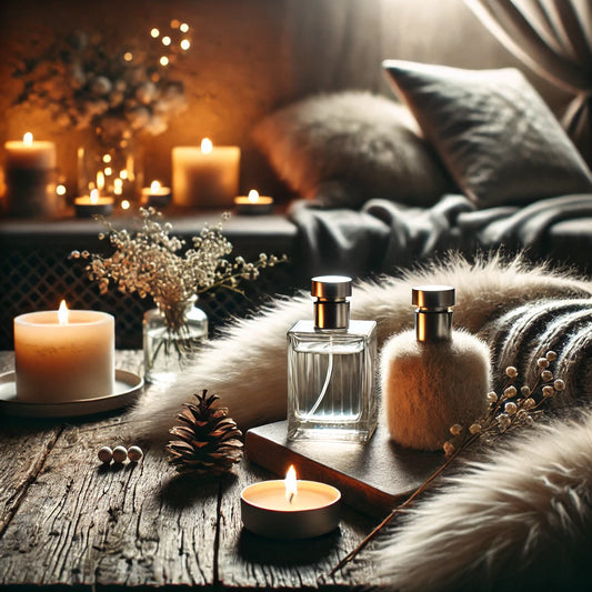A serene, intimate setting with soft lighting highlighting natural textures like animal fur and soft fabrics, evoking warmth and sensuality in the musk perfume theme.