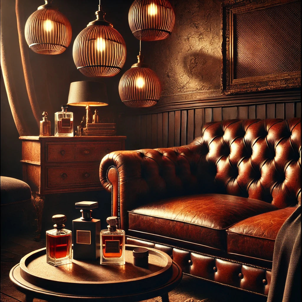 A cozy, luxurious setting featuring deep leather textures, vintage furniture, and warm, earthy tones, symbolizing the bold, sophisticated character of leather perfumes.