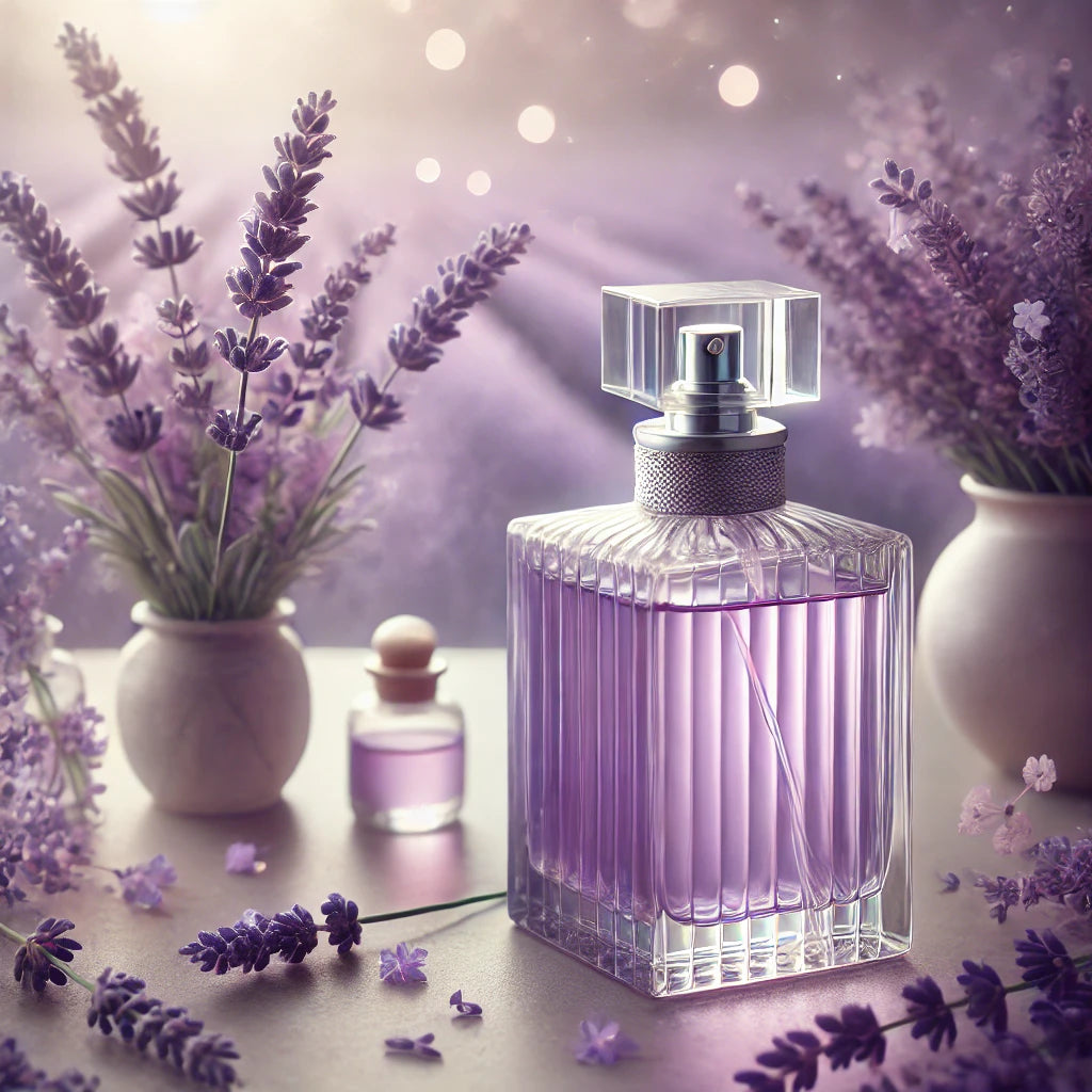 A calming and elegant lavender-themed scene, featuring soft purple hues and gentle lavender flowers in a peaceful setting. The background evokes a soothing, relaxing atmosphere, representing the essence of lavender perfumes with a soft-focus effect