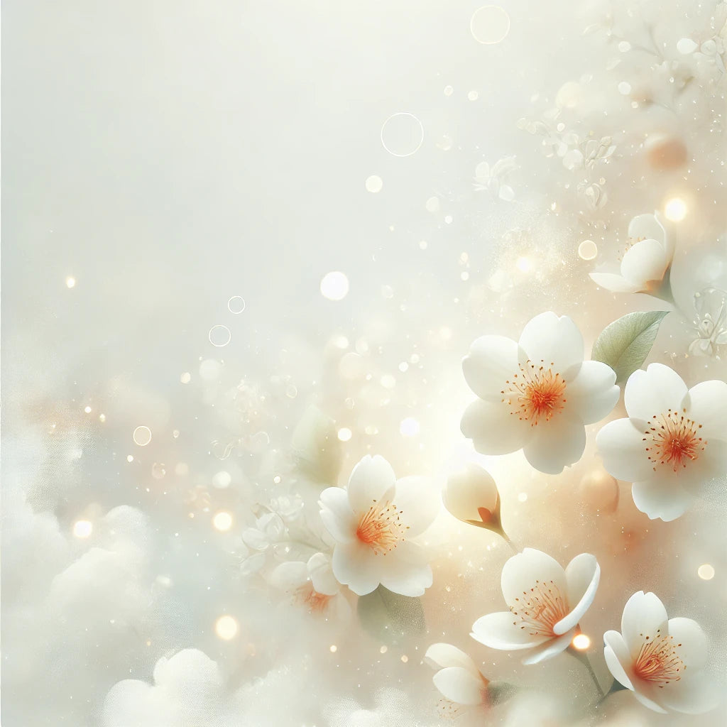 Dreamy white background with delicate orange blossom flowers floating gently, creating an ethereal and luxurious ambiance
