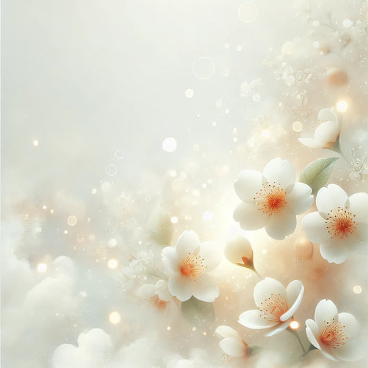 Dreamy white background with delicate orange blossom flowers floating gently, creating an ethereal and luxurious ambiance