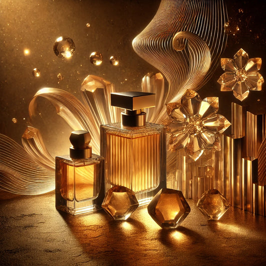 Elegant amber perfume ambiance with golden light and subtle textured background, evoking warmth and luxury