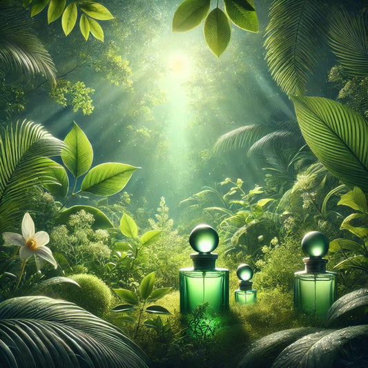 A tranquil green landscape with soft light filtering through lush foliage, representing the fresh, herbal, and natural essence of green perfumes, ideal for a calming and invigorating fragrance experience.