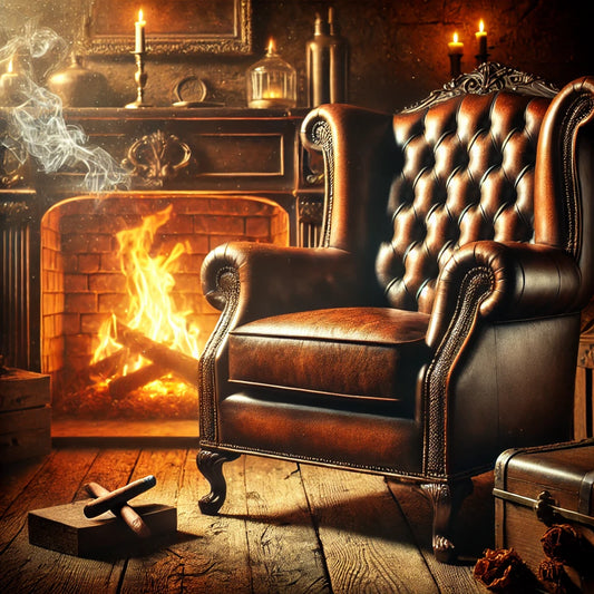 Luxurious and sophisticated ambiance of leather tobacco perfumes with a vintage leather armchair by a fireplace, surrounded by warm, golden lighting and rustic wooden textures, evoking a cozy, smoky atmosphere