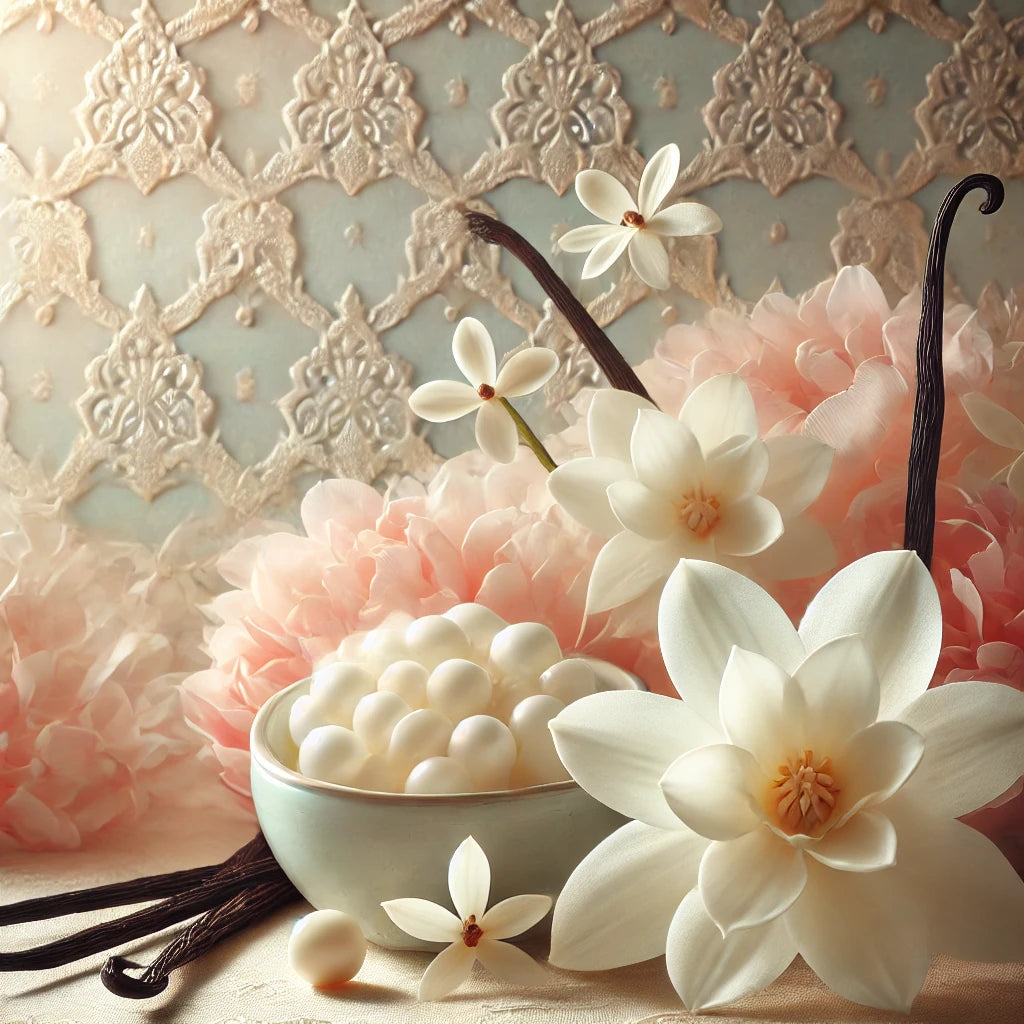 A serene and elegant blend of soft pink and white petals with delicate lace, evoking the sweet, airy essence of vanilla floral fragrances, creating a warm and comforting atmosphere.