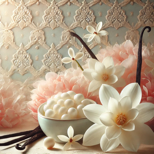A serene and elegant blend of soft pink and white petals with delicate lace, evoking the sweet, airy essence of vanilla floral fragrances, creating a warm and comforting atmosphere.
