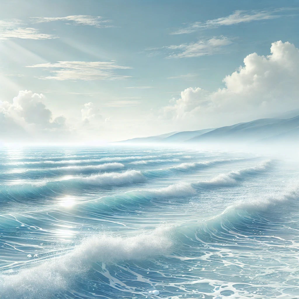 A tranquil ocean scene, with soft waves and a light breeze, symbolizing the freshness and clarity of aquatic perfumes.
