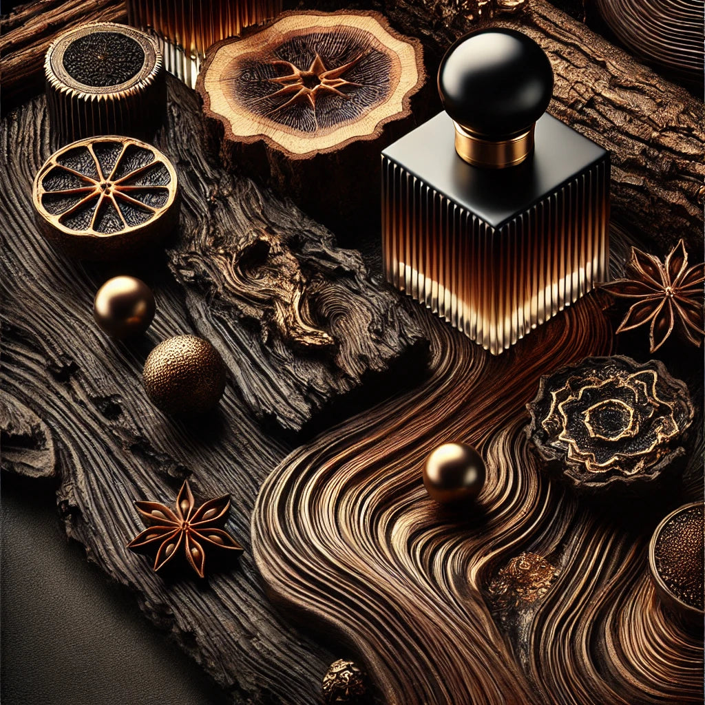 Luxurious and deep fragrance inspired by oud wood and agarwood, with rich dark wood textures, golden accents, and a mystical atmosphere. The design evokes sophistication, rarity, and depth, blending organic, earthy elements like dark wood and amber to create an air of luxury.