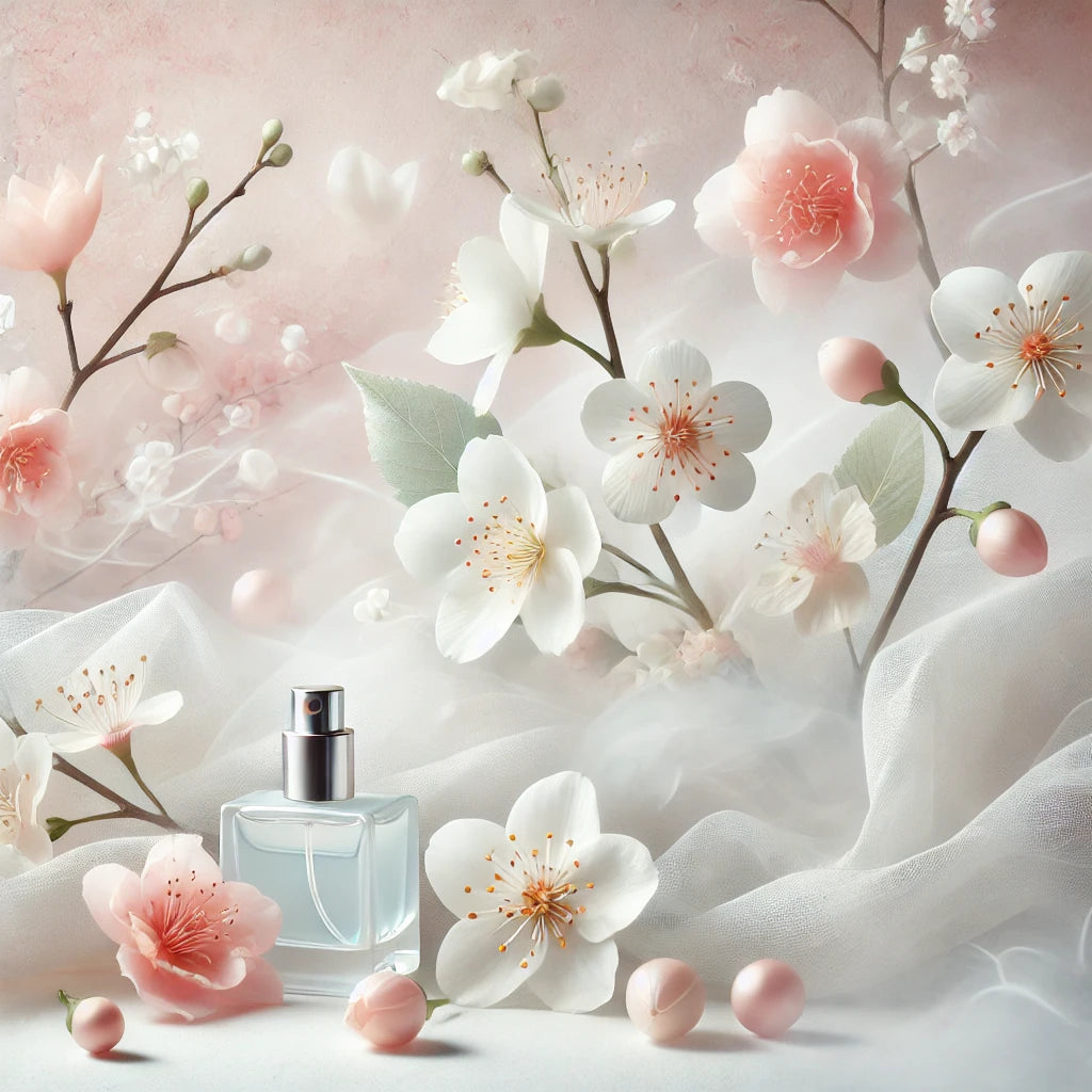 A fresh and youthful fragrance scene with pastel tones, delicate cherry blossoms, and light, airy textures, evoking rejuvenation, vitality, and timeless elegance.