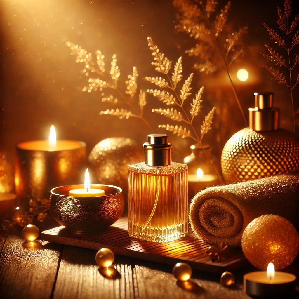 A warm and golden scene with rich amber tones, soft glowing textures, and a sense of depth and mystery, evoking the luxurious and comforting essence of amber.