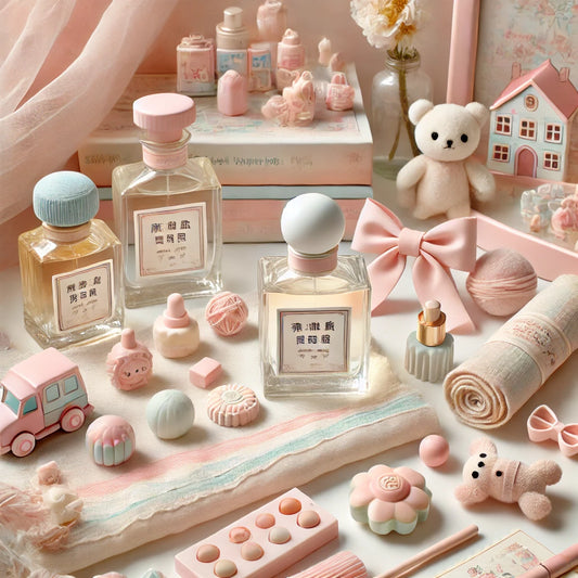 Whimsical and playful fragrance theme with pastel-colored objects like small toys, sweet treats, and light fabrics, evoking youthfulness, innocence, and nostalgic sweetness in a dreamy and lighthearted setting.