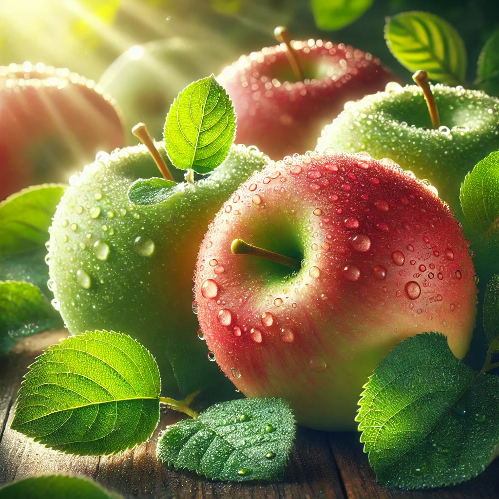 A refreshing apple fragrance theme with ripe apples, dewdrops, and vibrant green leaves, creating a crisp, fruity atmosphere.