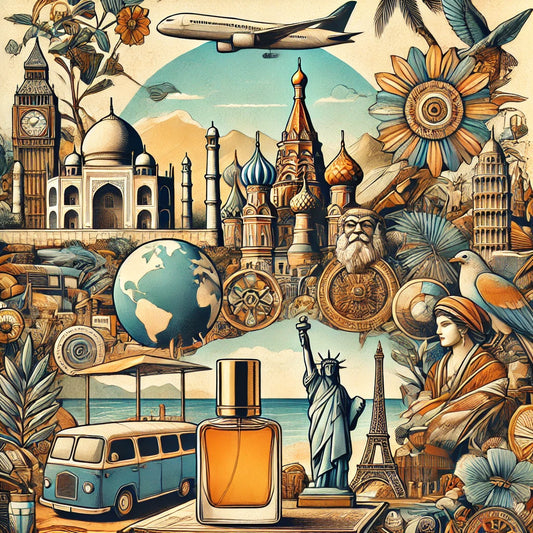 A fragrance collection inspired by global travel, featuring vibrant landscapes, iconic symbols, and cultural motifs. The image evokes a sense of wanderlust, with earthy tones and vibrant blues and greens that embody the spirit of adventure and discovery.