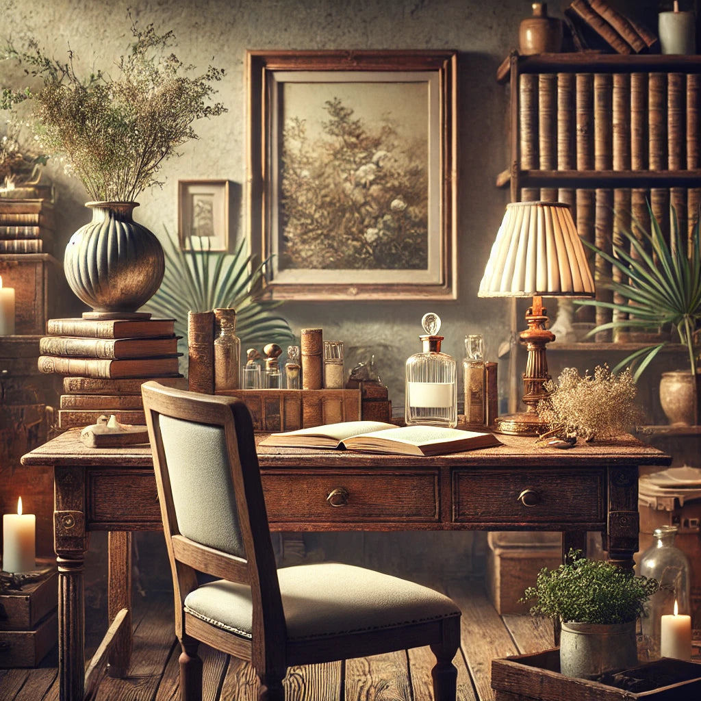 A cozy, vintage study setting with a classic wooden desk, open book, and soft lighting, evoking creativity and nostalgia for literary youth. The atmosphere is warm and intellectual, surrounded by potted plants and stacks of books.