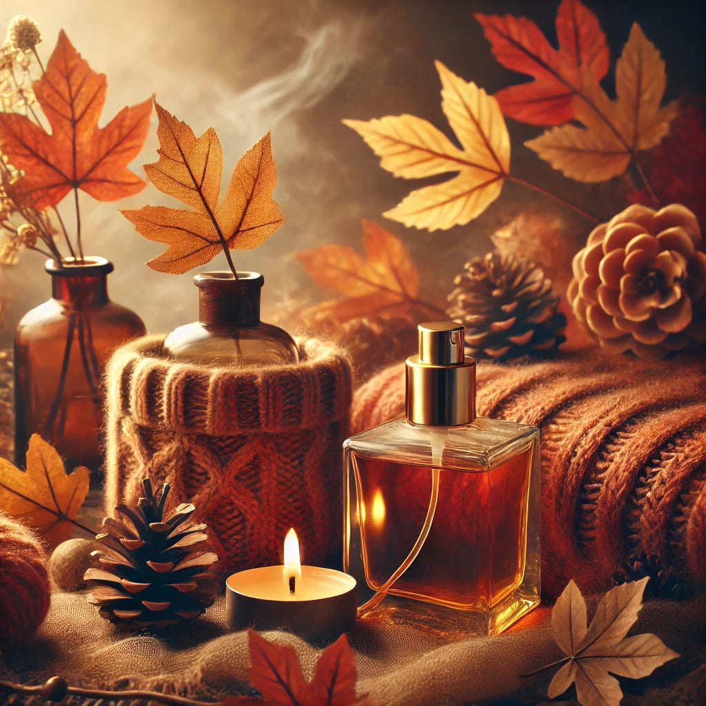 A cozy autumn scene with soft knitted scarves, golden-yellow leaves, and a warm, nostalgic glow, evoking the rich and comforting essence of autumn-inspired fragrances.