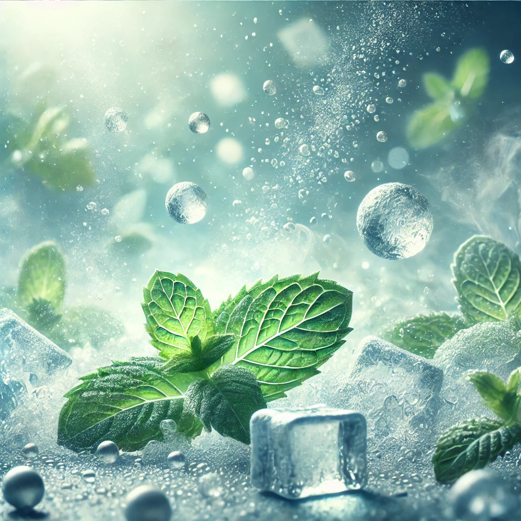 A refreshing image with cool tones, mint leaves, and a brisk atmosphere, representing the awakening and revitalizing power of scent. The scene captures invigorating and fresh sensations through elements like cool air, soft lighting, and a sense of clarity.