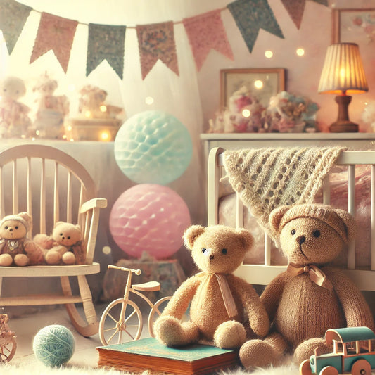 A nostalgic, dreamy atmosphere evoking childhood memories with soft pastel tones, plush toys, vintage books, and a carefree vibe.