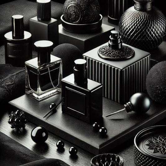 A sophisticated and mysterious black-themed fragrance collection, showcasing elegant textures and luxurious details like black velvet and subtle lighting, evoking a high-end, refined atmosphere.