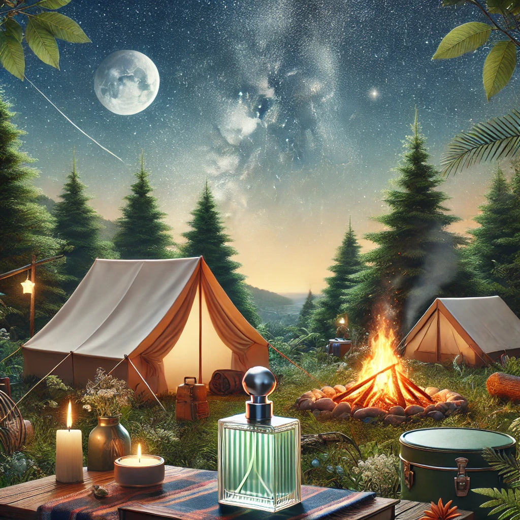 A cozy camping scene with a glowing campfire, tents under the starry sky, and lush trees, evoking the spirit of nature and adventure.