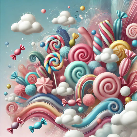 Whimsical candy-themed fragrance collection with vibrant, pastel-colored candy and dreamy candy-shaped clouds, evoking sweetness and joy.