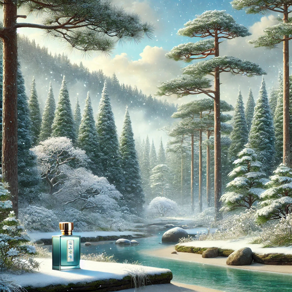 showcasing a serene winter landscape with soft snow, blue skies, and cedar trees, creating a peaceful and tranquil winter forest atmosphere.