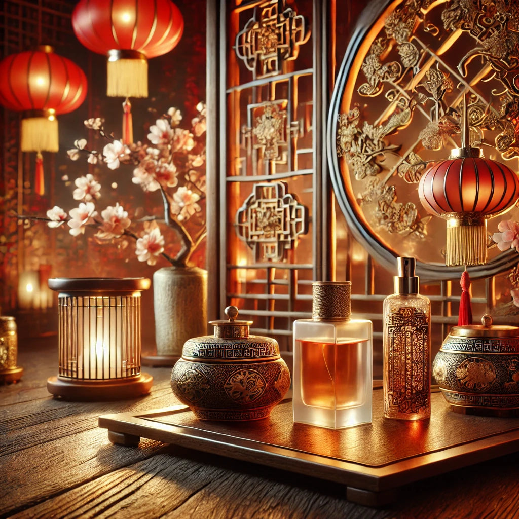 Elegant and luxurious fragrance theme inspired by Chinese heritage, featuring traditional elements like wooden screens, soft lantern lighting, and red and gold tones, evoking sophistication and mystique.