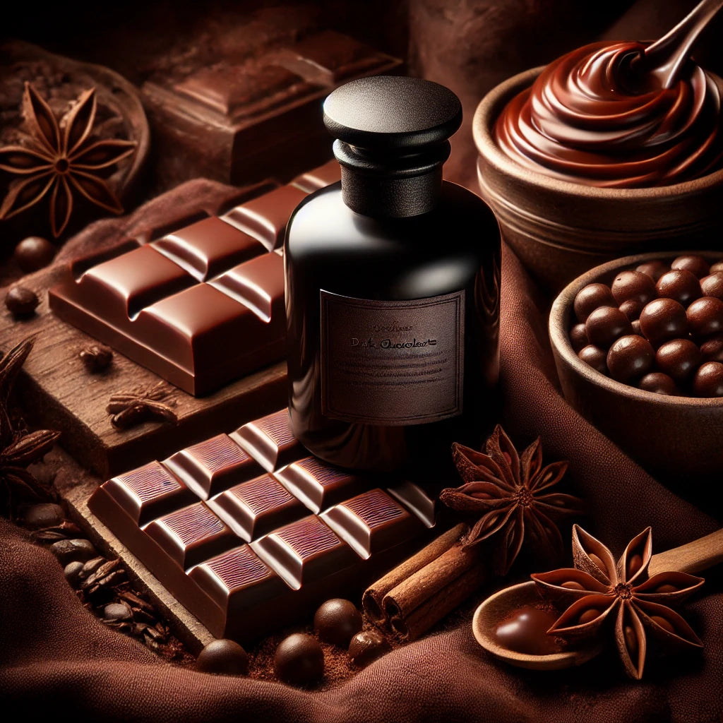 featuring a rich and indulgent scene with deep chocolate tones and a luxurious atmosphere, evoking the essence of dark chocolate.