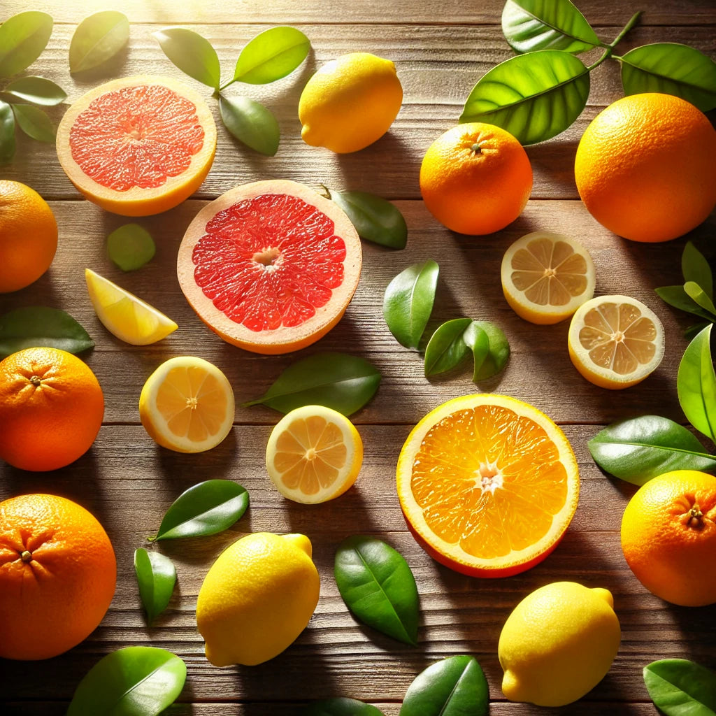 A vibrant, refreshing citrus scene with oranges, lemons, and grapefruits on a sunlit wooden table, surrounded by lush green leaves, evoking a clean, zesty, and invigorating atmosphere.