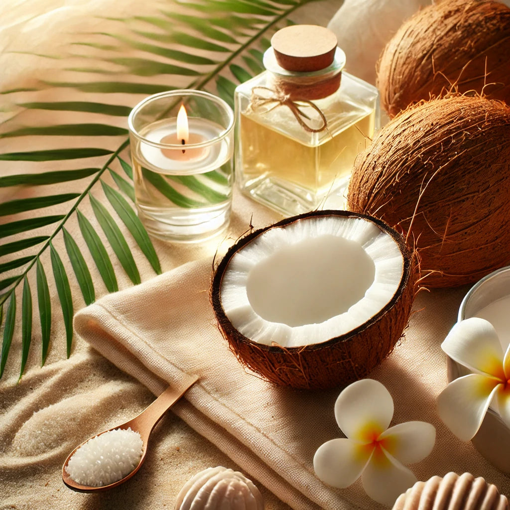 Tropical coconut fragrance theme with fresh coconuts, sandy beach textures, palm leaves, and warm sunlight, capturing the essence of tropical relaxation and freshness.