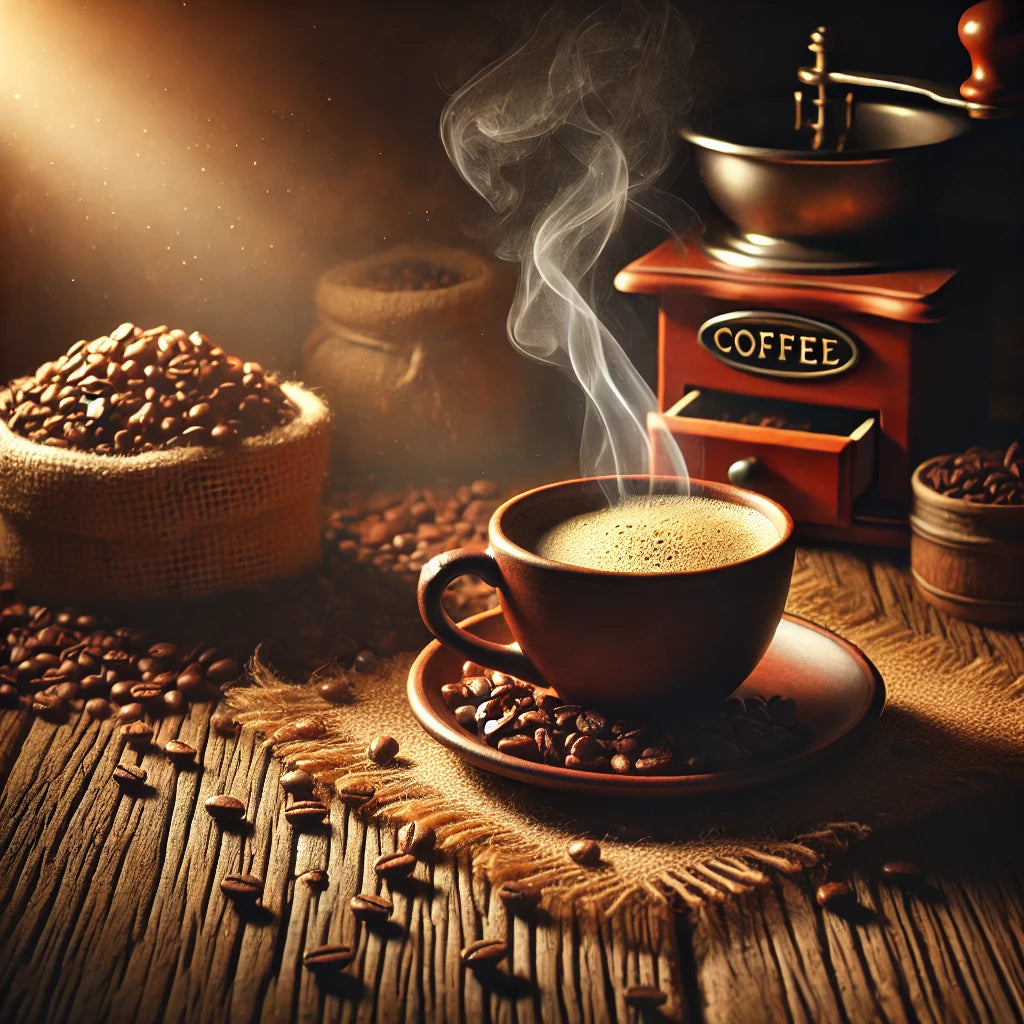 A rich and aromatic coffee setting with a steaming cup, surrounded by coffee beans, evoking warmth, comfort, and the deep aroma of freshly brewed coffee.