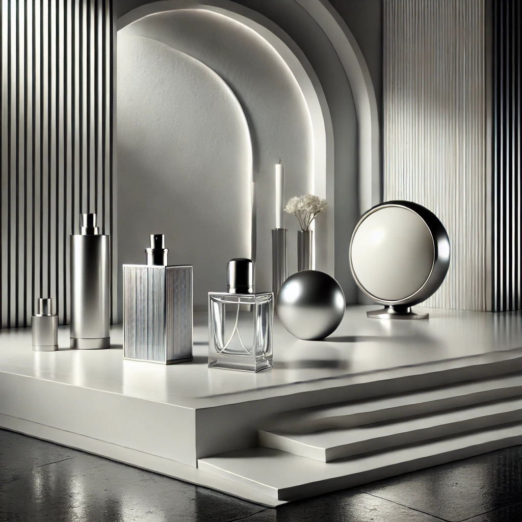 A minimalist and sophisticated atmosphere with sleek, modern design elements, conveying cool elegance and aloofness. Soft lighting and monochromatic tones of white, grey, and silver create a refined and exclusive vibe, perfect for a high-class fragrance collection.