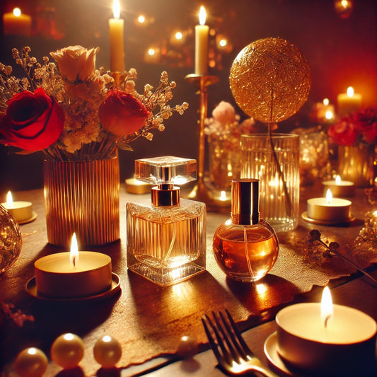 evoking a romantic and alluring atmosphere with soft, warm lighting and touches of red and gold.