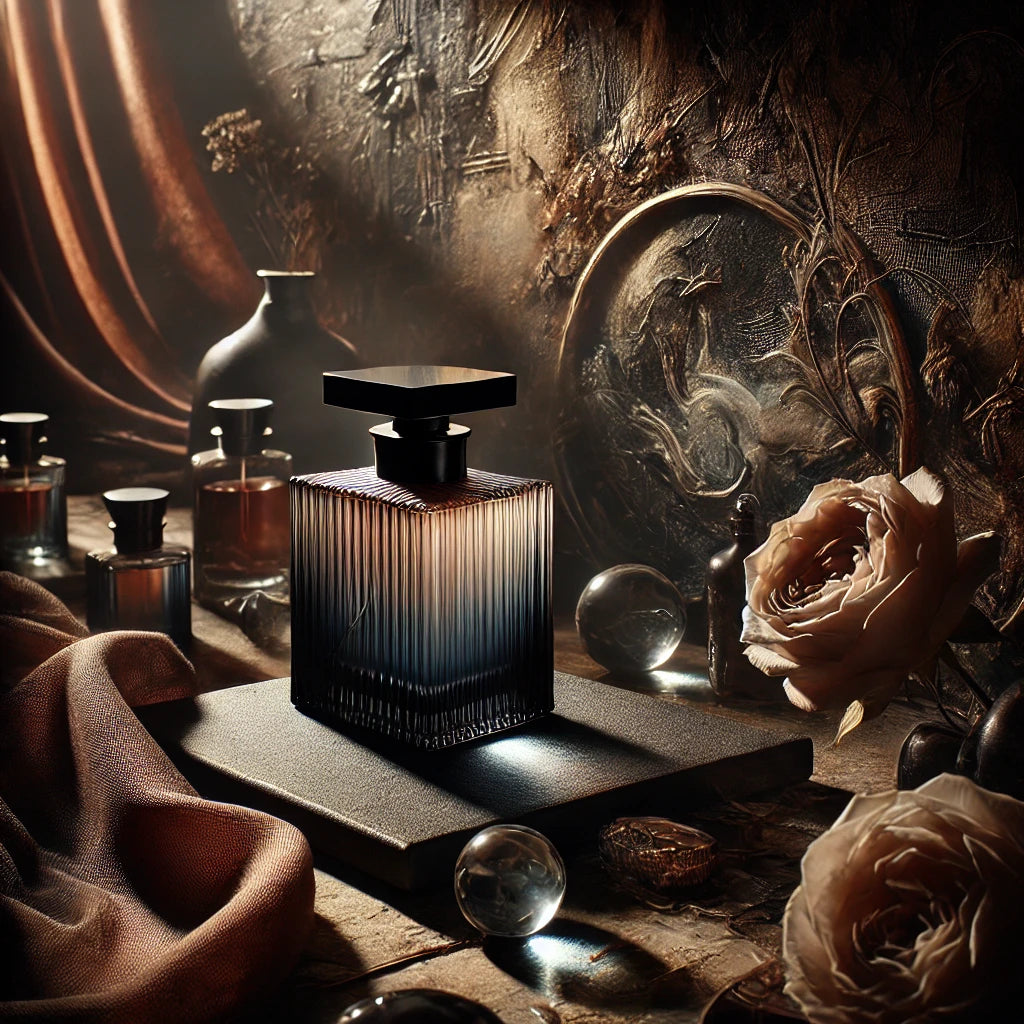 featuring enigmatic elements, with rich textures, dark, moody tones, and abstract imagery. This collection exudes a sense of intrigue and allure, perfect for niche perfumes that challenge the senses.