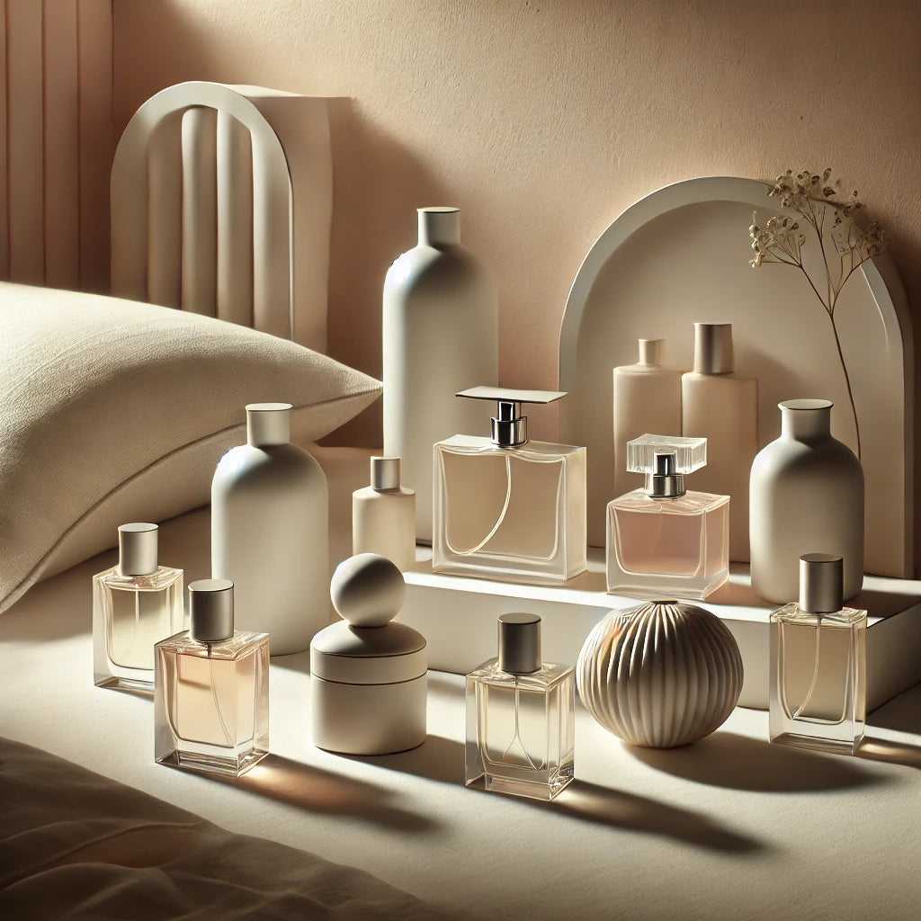 A collection of luxurious and minimalist fragrance bottles arranged elegantly, with soft lighting and a neutral background, representing a serene and calming sleep-inspired fragrance theme