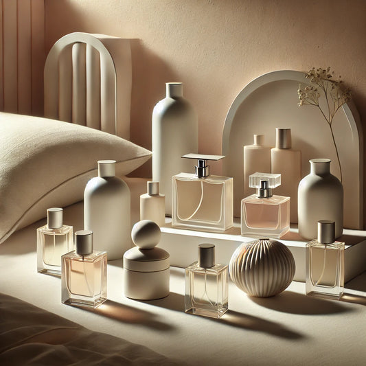 A collection of luxurious and minimalist fragrance bottles arranged elegantly, with soft lighting and a neutral background, representing a serene and calming sleep-inspired fragrance theme