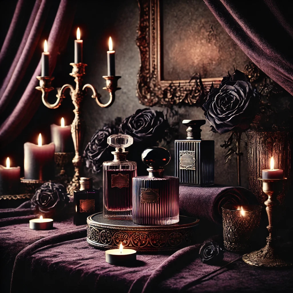 Dark and mysterious fragrance collection with gothic aesthetics, rich textures, and an air of enigma, enhanced by flickering candles and deep shades of black and purple.