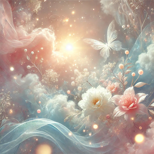 A dreamy and ethereal atmosphere with soft pastel colors, wispy clouds, and glowing light, evoking a sense of otherworldly beauty and grace. Delicate flowers and flowing fabrics reflect a celestial, magical feeling, perfect for a fragrance collection that embodies ethereal femininity.