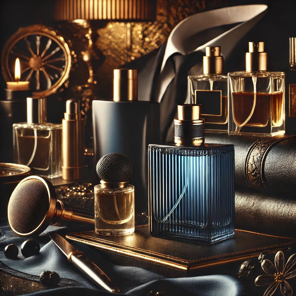 A sophisticated and charismatic scene with deep navy blue, gold, and black tones, sleek leather and polished wood textures, evoking confidence, allure, and timeless masculinity for a flirtatious men's fragrance collection.