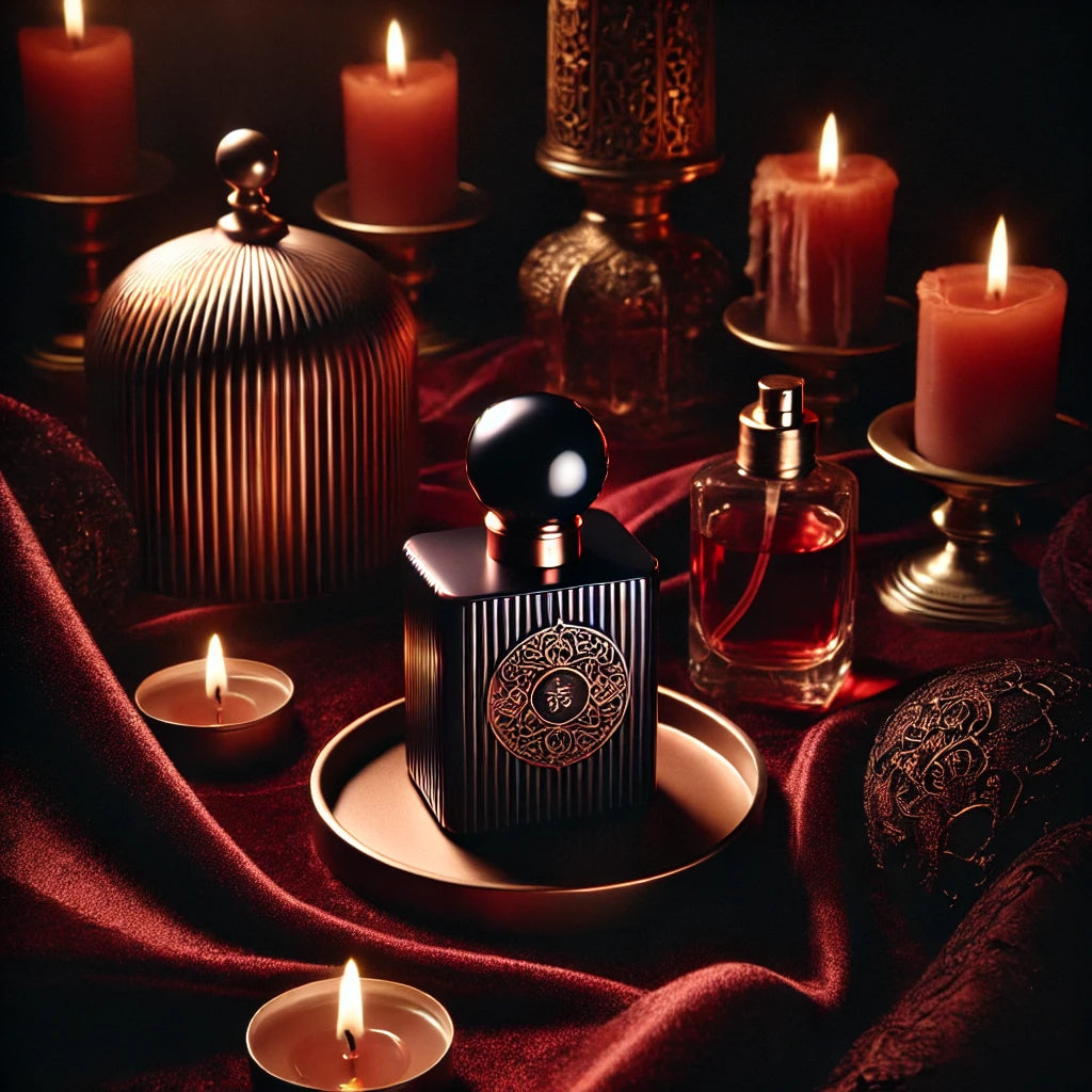 Sultry and forbidden allure with deep red velvet and candlelight, embodying the passionate and sensual themes of taboo fragrances.